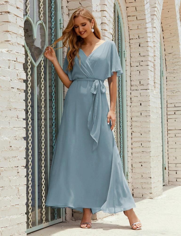 Numbersea V-Neck Bridesmaid Dress Long Formal Dresses with Belt for 28022 by numbersea
