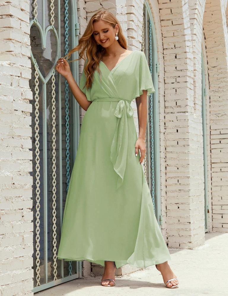 Numbersea V-Neck Bridesmaid Dress Long Formal Dresses with Belt for 28022 by numbersea