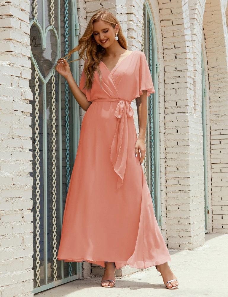 Numbersea V-Neck Bridesmaid Dress Long Formal Dresses with Belt for 28022 by numbersea