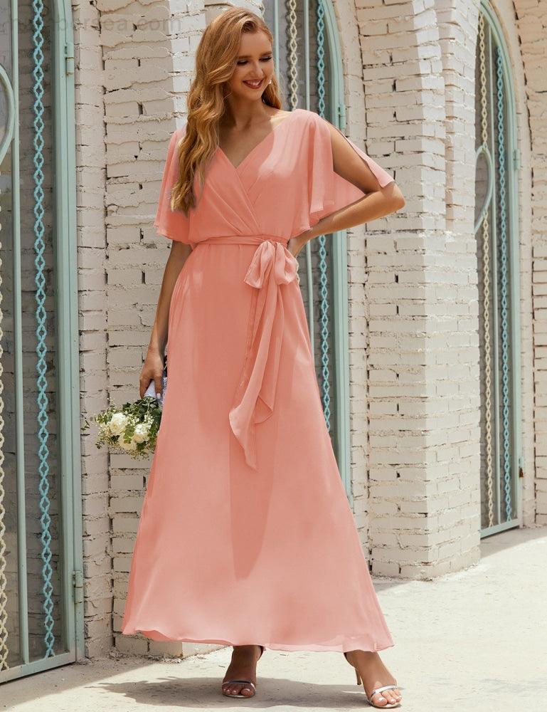 ZapDress V-Neck Bridesmaid Dress Long Formal Dresses with Belt for 28022 (ZD17051)