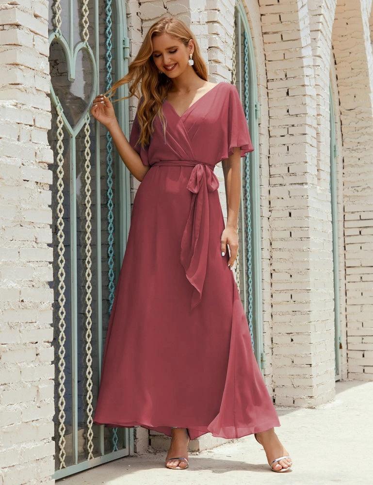 Numbersea V-Neck Bridesmaid Dress Long Formal Dresses with Belt for 28022 by numbersea