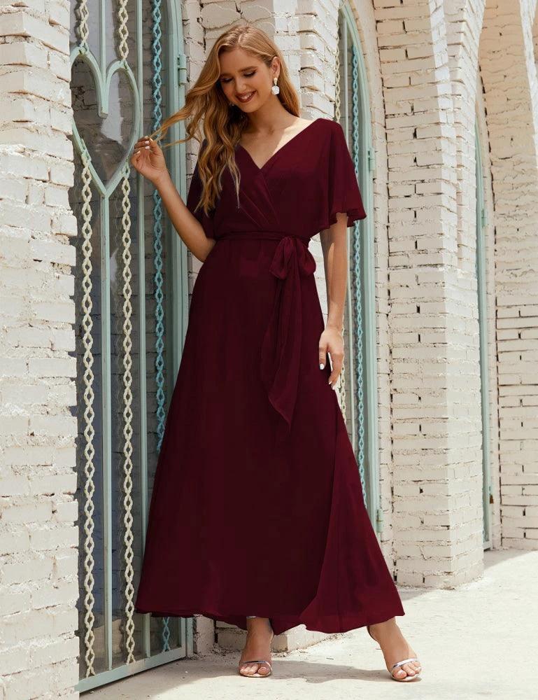 Numbersea V-Neck Bridesmaid Dress Long Formal Dresses with Belt for 28022 by numbersea