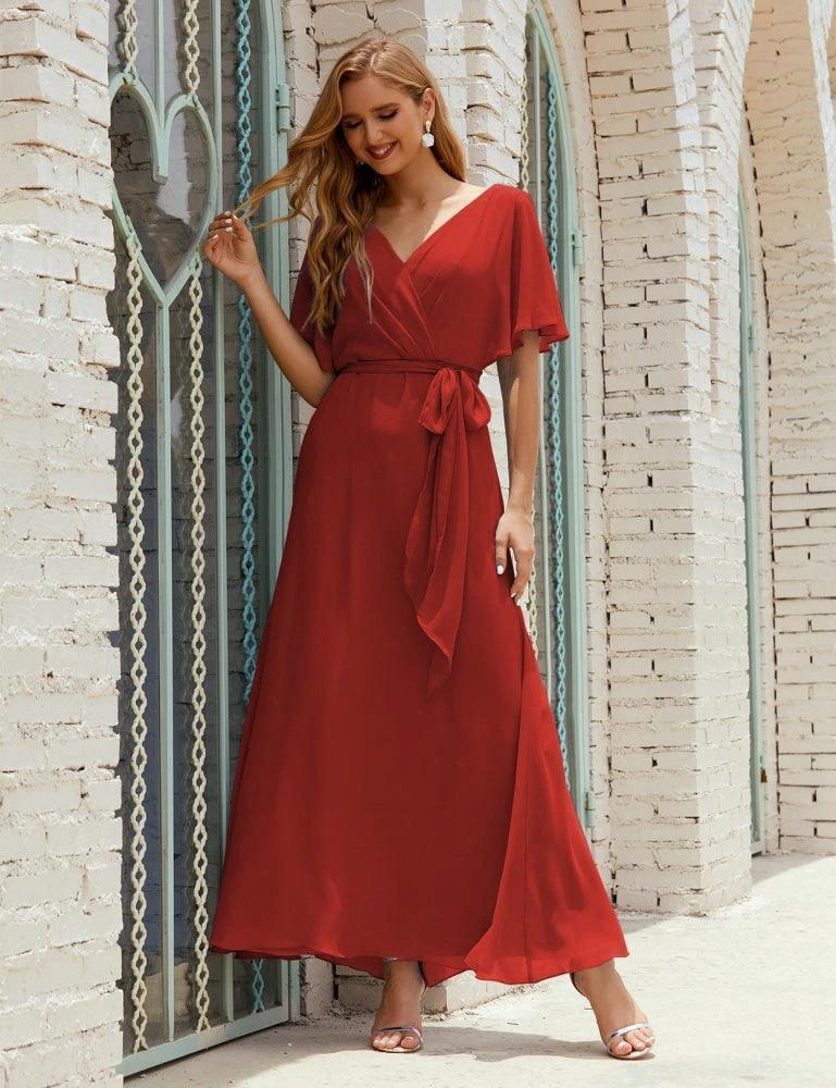 Numbersea V-Neck Bridesmaid Dress Long Formal Dresses with Belt for 28022 by numbersea