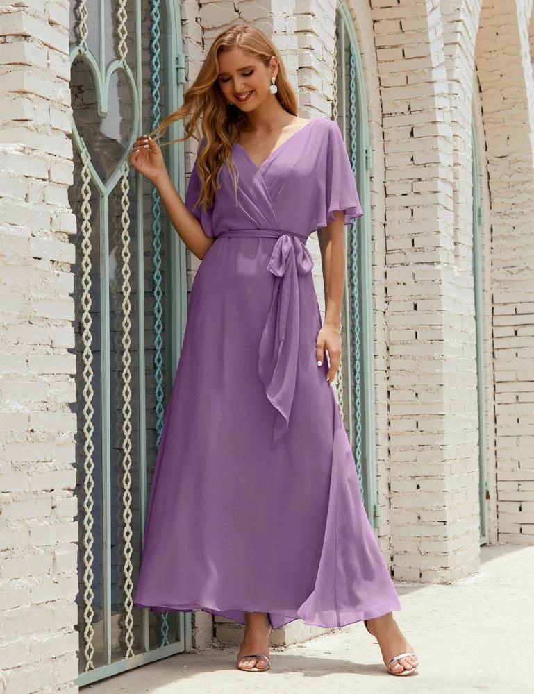 Numbersea V-Neck Bridesmaid Dress Long Formal Dresses with Belt for 28022 by numbersea