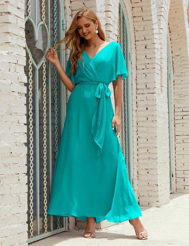 Numbersea V-Neck Bridesmaid Dress Long Formal Dresses with Belt for 28022 by numbersea