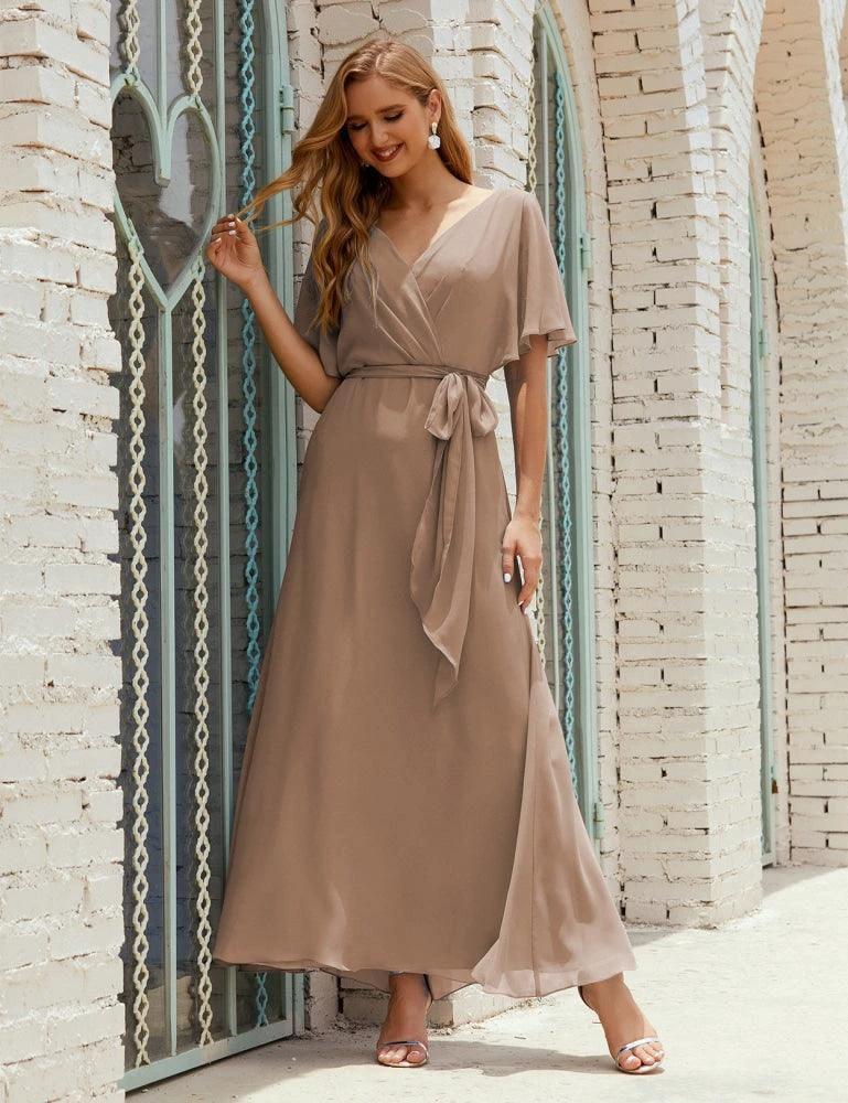 Numbersea V-Neck Bridesmaid Dress Long Formal Dresses with Belt for 28022 by numbersea