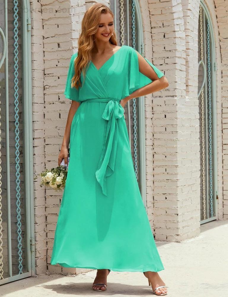 ZapDress V-Neck Bridesmaid Dress Long Formal Dresses with Belt for 28022 (ZD17051)