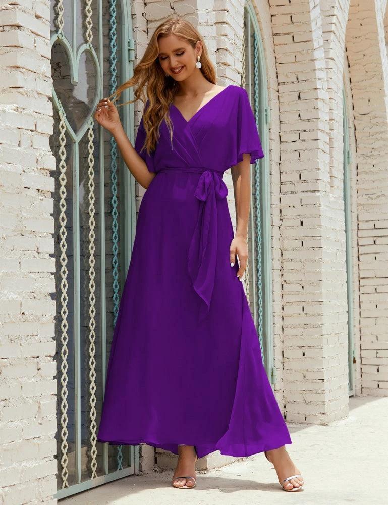 Numbersea V-Neck Bridesmaid Dress Long Formal Dresses with Belt for 28022 by numbersea