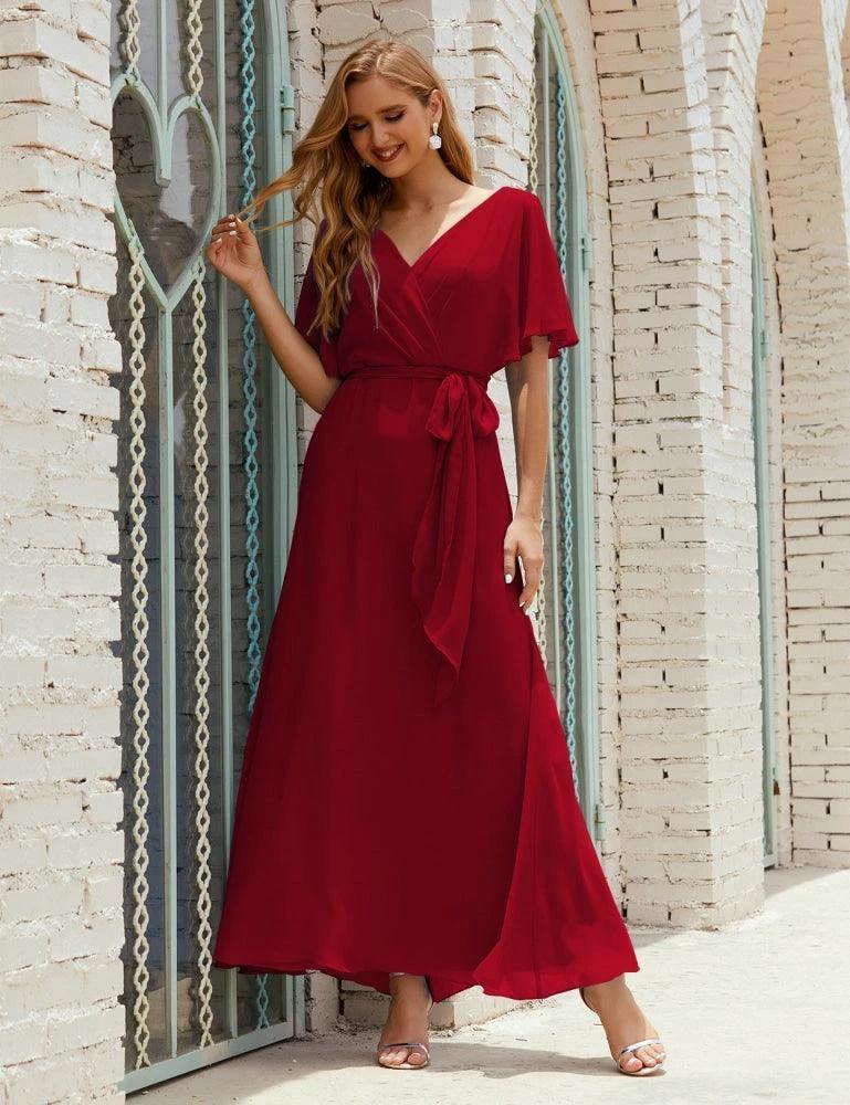 Numbersea V-Neck Bridesmaid Dress Long Formal Dresses with Belt for 28022 by numbersea
