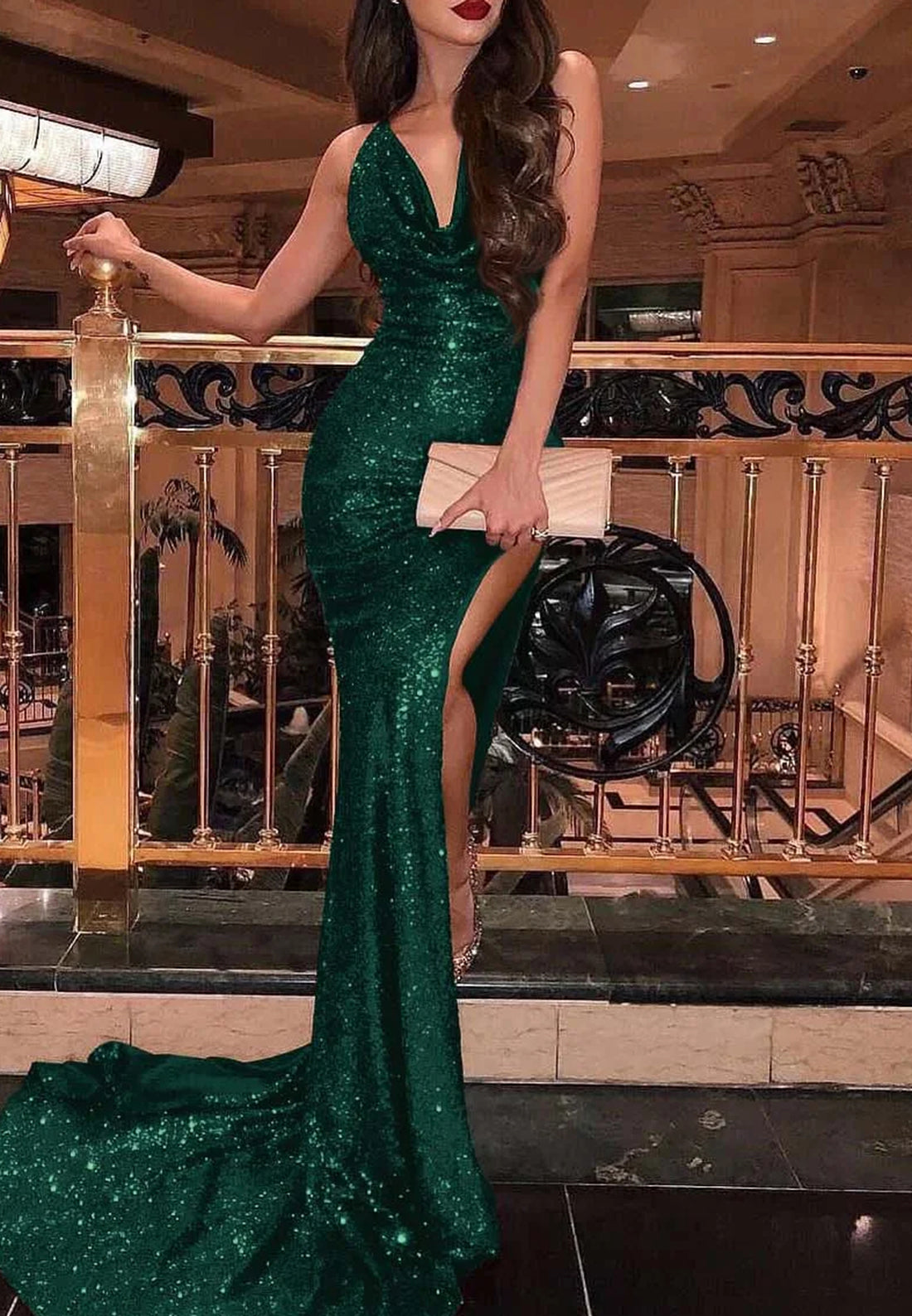 V-Neck Sequins Mermaid Prom Dress Sparkly Evening Dress