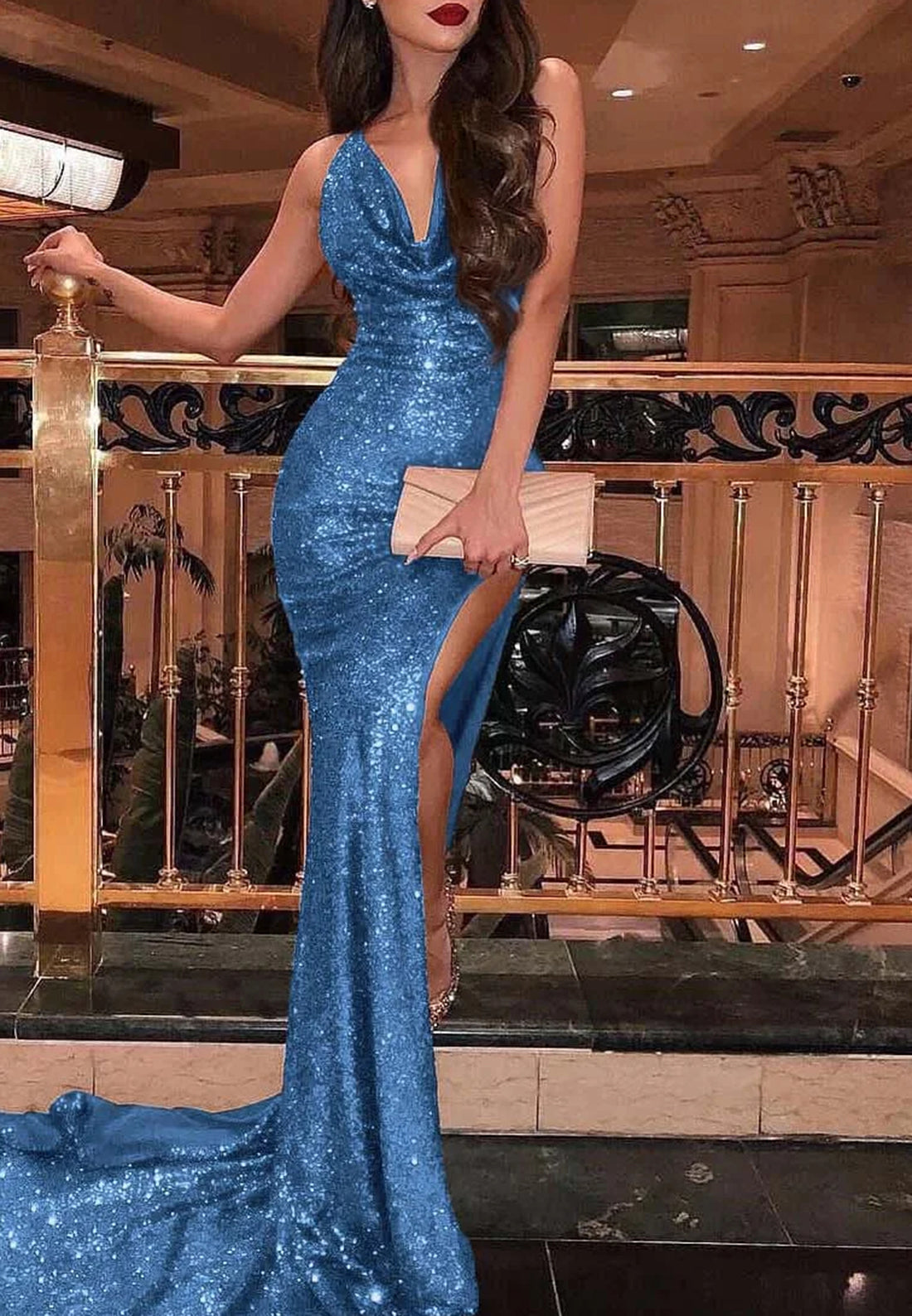 V-Neck Sequins Mermaid Prom Dress Sparkly Evening Dress