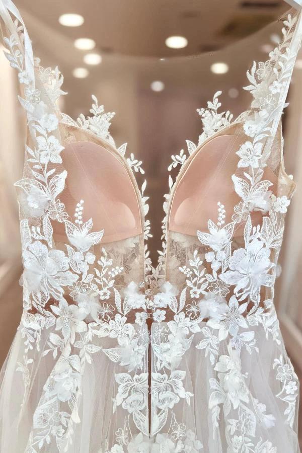 A-Line V-neck Chiffon Lace Open Back Long Wedding Dresses With Split (ZD14474)