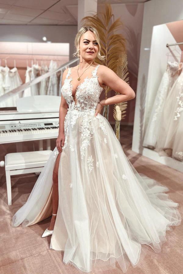 A-Line V-neck Chiffon Lace Open Back Long Wedding Dresses With Split (ZD14474)