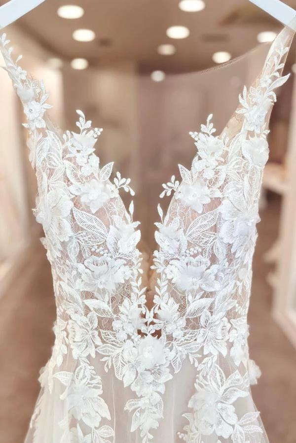 A-Line V-neck Chiffon Lace Open Back Long Wedding Dresses With Split (ZD14474)