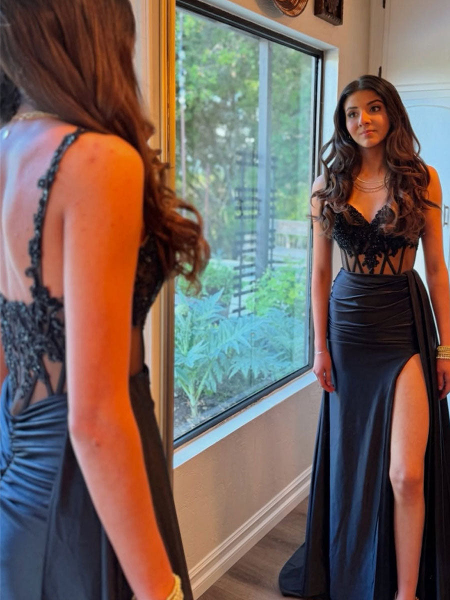 V-Neck Sequin Appliques Long Prom Dress with Slit - View 4 | FashionDia