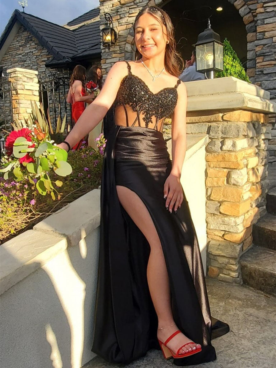 V-Neck Sequin Appliques Long Prom Dress with Slit - View 2 | FashionDia