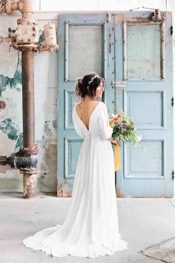 V-neck Half-sleeve Empire Simple Chiffon Casual Wedding Dress (ZD16114)