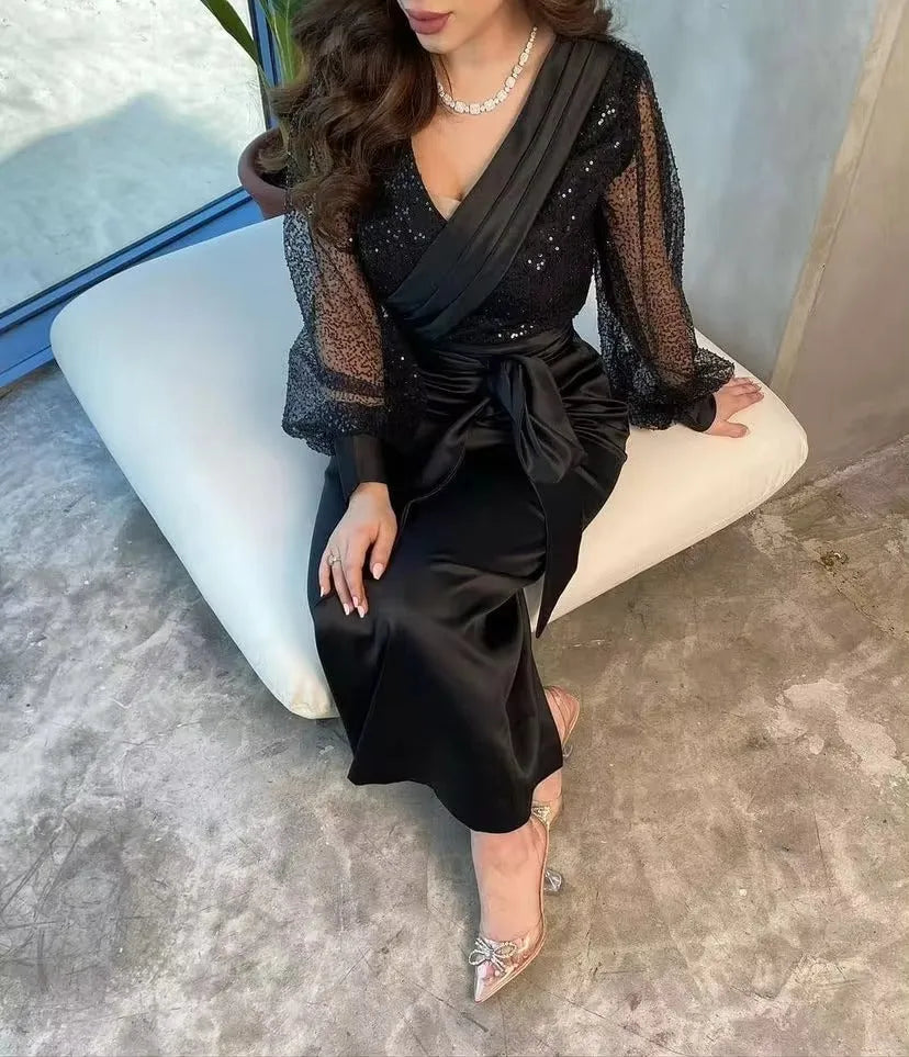 Black Sheath Arabia Midi Evening Dresses Satin Lace Long Sleeves Prom Party Gowns Ankle Length Formal Prom Dress