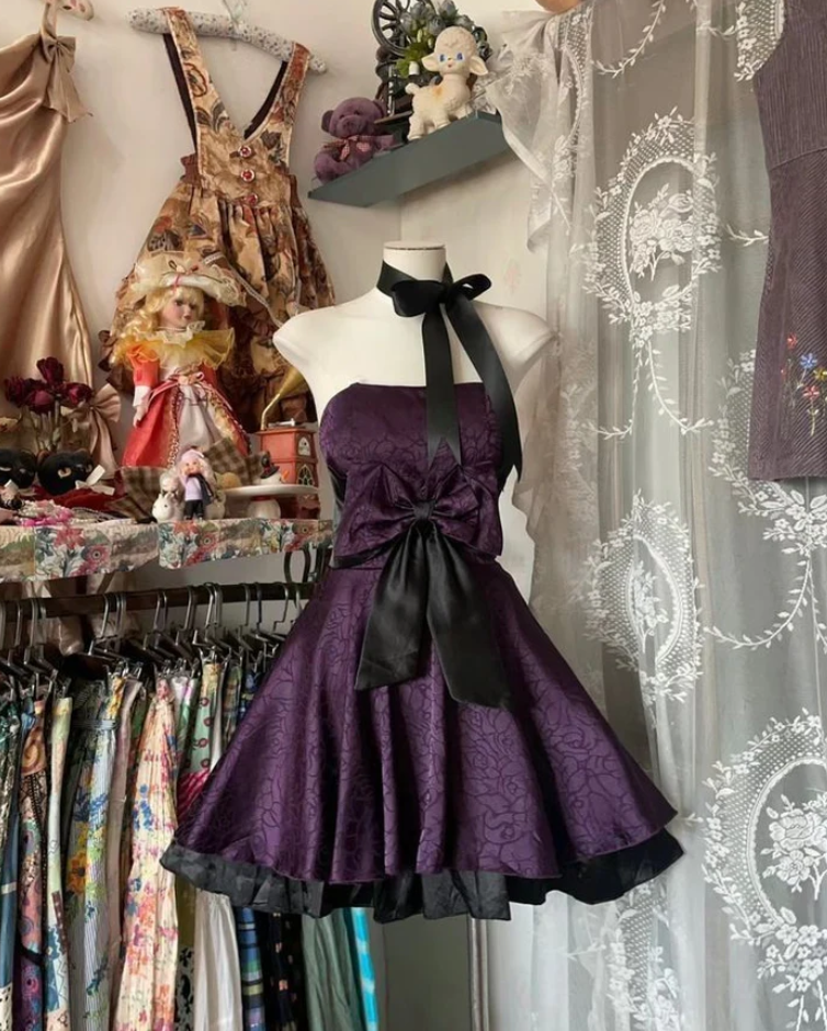 Vintage Purple Satin A-Line Short Party Dress Homecoming Dress With Bow - FashionDia