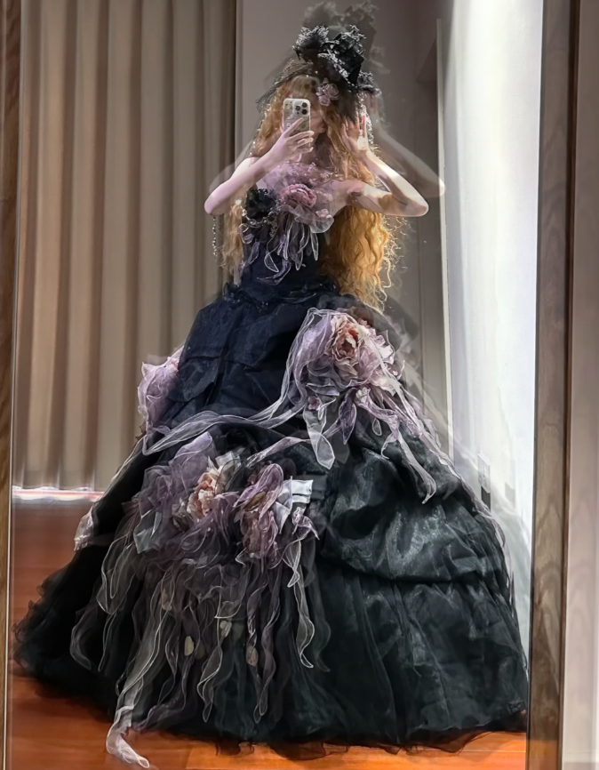 Vintage Black Strapless Satin Tulle Pleated 3D Flowers Ball Gown Long Birthday Quinceanera Dress