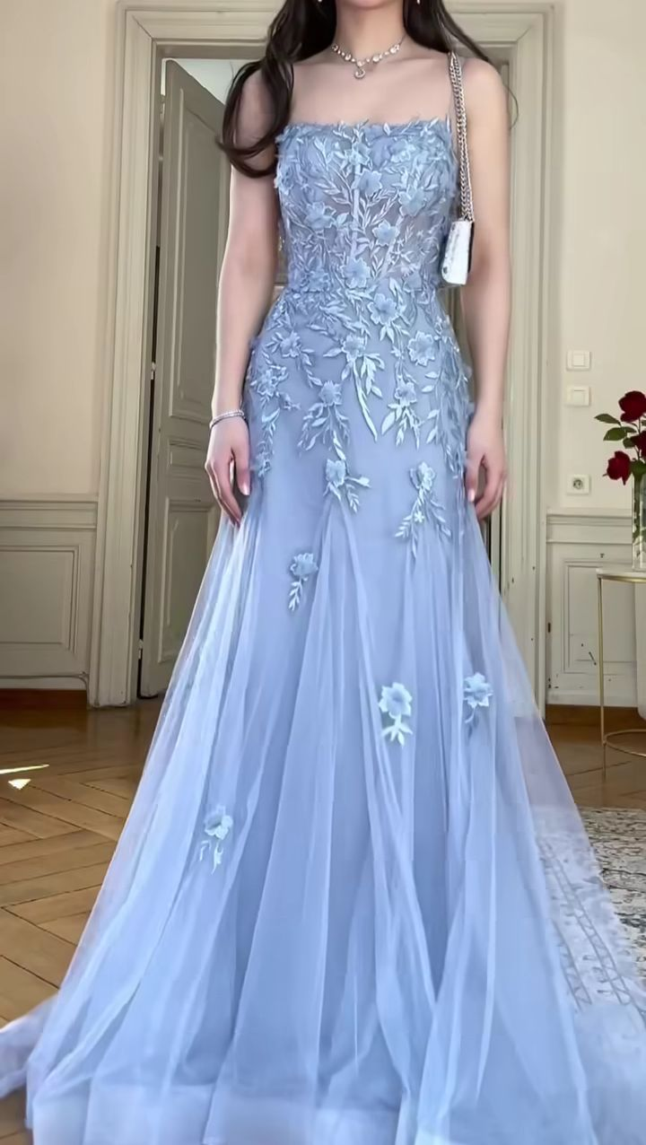 Charming Blue Mermaid Tulle Appliques Evening Dress,Long Prom Party Dress - FashionDia