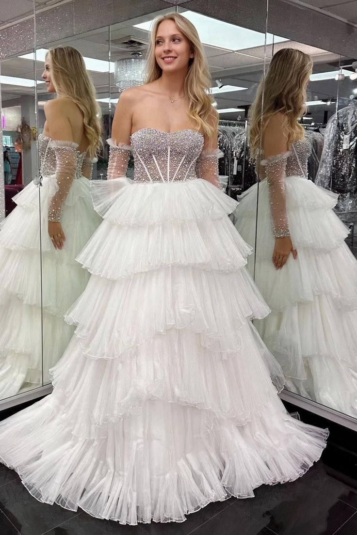 A-Line Sweetheart Tiered Organza Prom Dress with Detachable Sleeves - FashionDia