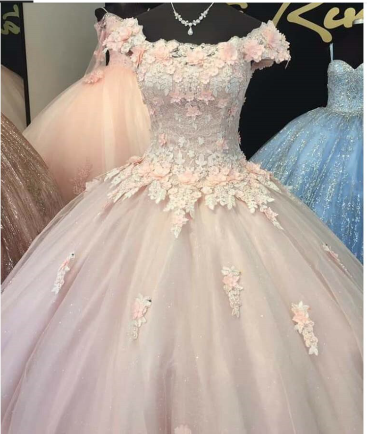 Pink Long Sweet 16 Dress Evening Party Celebrity Gown Ball Gown With Flowers Cap Sleeves - View 2 | FashionDia
