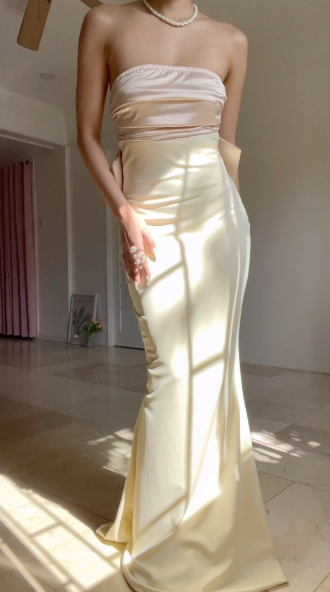 Classy Strapless Satin Mermaid Evening Dress With Bow,Long Party Prom Dress - FashionDia
