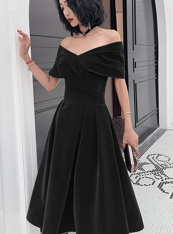 Beautiful Velvet Off-the-Shoulder Black Tea-Length Evening Dresses, New Chic Prom Dress - FashionDia