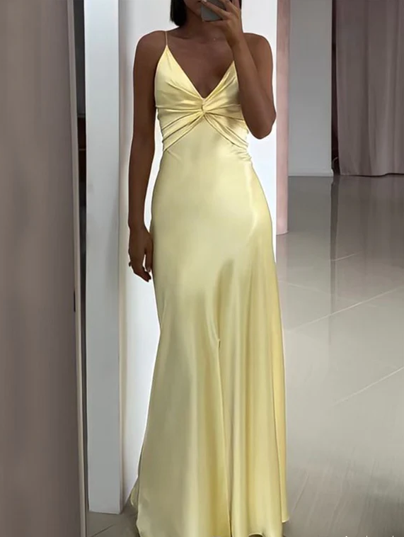 Sexy Spaghetti Strap Yellow Mermaid Satin Evening Prom Dress,Long Party Dress - View 3 | FashionDia