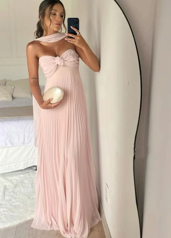 Cute Pink Chiffon Strapless A Line Long Prom Dress Pleated Party Gown