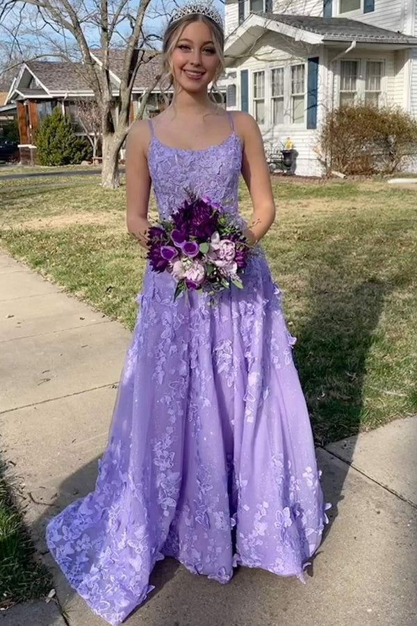 Spaghetti Straps Tulle Lace Appliques Evening Dress Lavender A Line Prom Party Dress