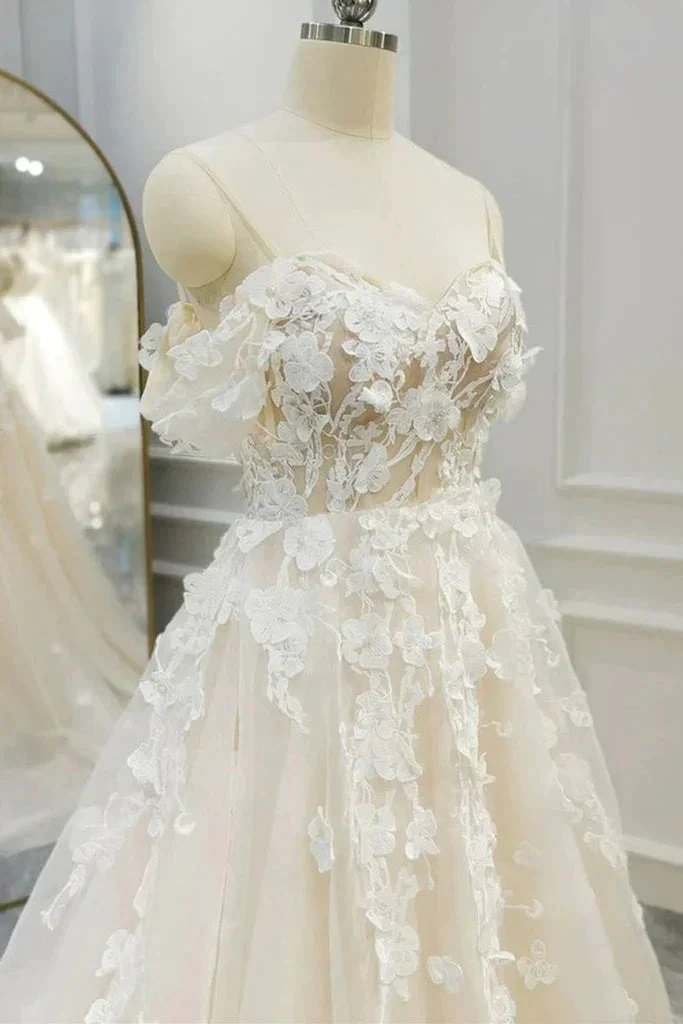 Off Shoulder Light Champagne Tulle Lace Long Wedding Dress (ZD13586) - VelvetHem