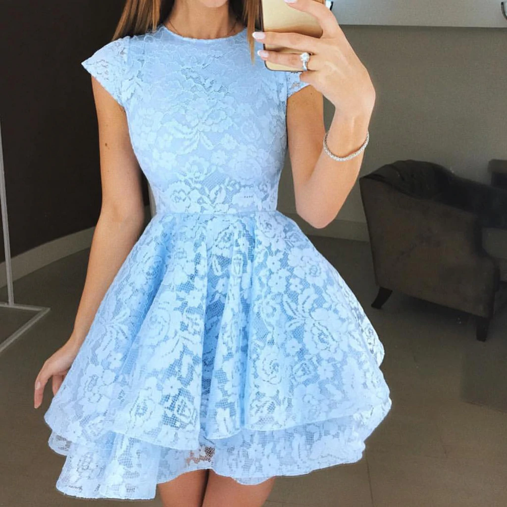 Round Neck Cap Sleeves Short Lace Prom Dresses, Round Neck Short Cap Sleeves Lace Formal Homecoming Graduation Dresses - View 2 | FashionDia