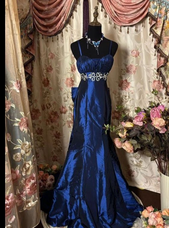 Vintage Spaghetti Straps Blue Satin Beaded Mermaid Evening Dress Long Prom Gown - FashionDia