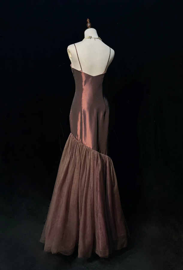 Vintage Spaghetti Straps Dark Burgundy Satin Tulle Mermaid Long Evenng Dress Party Gown Formal Wedding Guest Dress D2074
