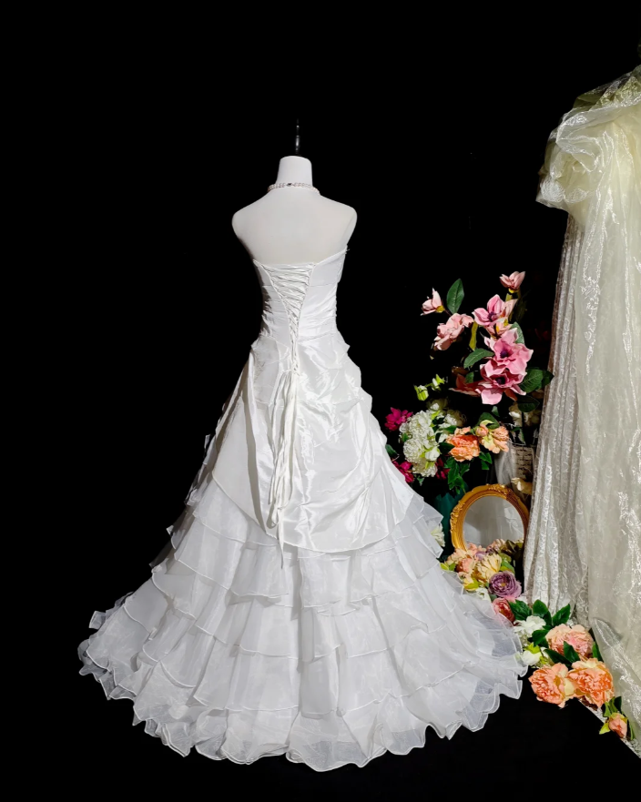 Pretty Strapless White Satin Tulle Beaded Ruffle Layered Mermaid Evening Dress Long Birthday Prom Dress - View 6 | FashionDia