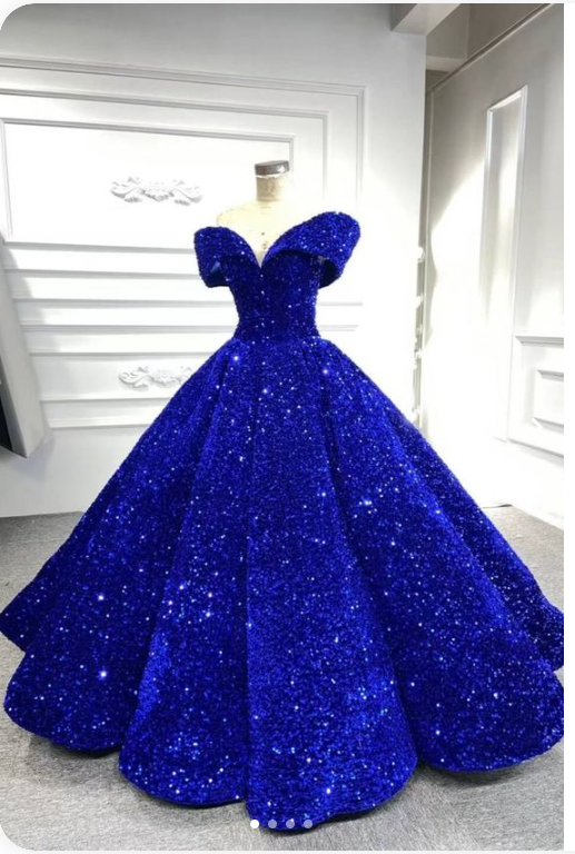 Royal blue sequin prom ball gown sweet 16 dress Off-the-Shoulder princess Quince dress - FashionDia