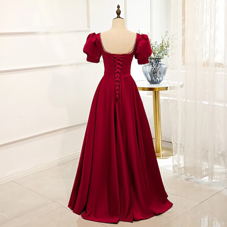 Red Satin Prom Dress Red Dress Puff Sleeve Victorian Dress - View 2 | FashionDia