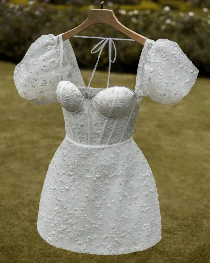 Retro White Homecoming Dress with Puff Sleeves Y4067 by simplepromdress
