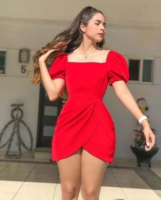 Red Square Neckline Homecoming Dress with Puff Sleeves (ZD12009)