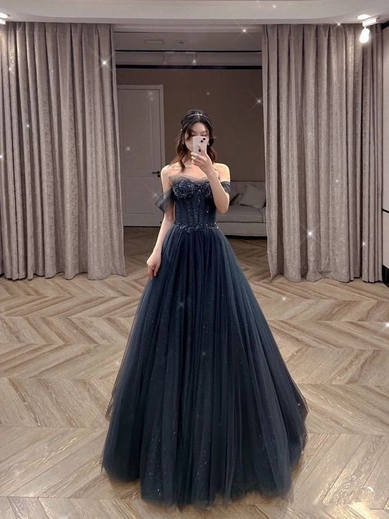A-Line Off The Shoulder Tulle Evening Dress,18th Birthday Dress