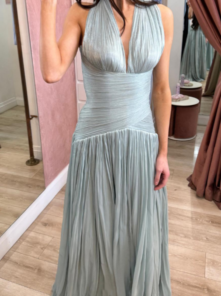 Elegant Blue Halter V Neck Chiffon Pleated Mermaid Evening Dress Long Wedding Guest Dress