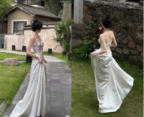 Spaghetti Straps White Satin Long Prom Dress,Elegant Evening Dress Wedding Dress With Appliques - View 5 | FashionDia