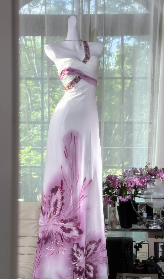 Pretty One-Shoulder Beaded White Chiffon Lilac Floral Mermaid Evening Dress Long Party Gowns - FashionDia
