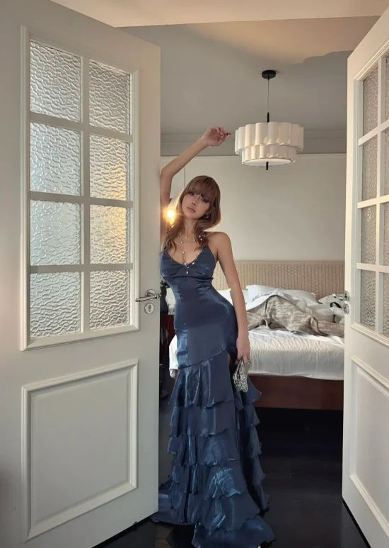 Sexy V-Neck Blue Satin Layered Slit Mermaid Long Party Dress Formal Wedding Guest Dress - View 2 | FashionDia