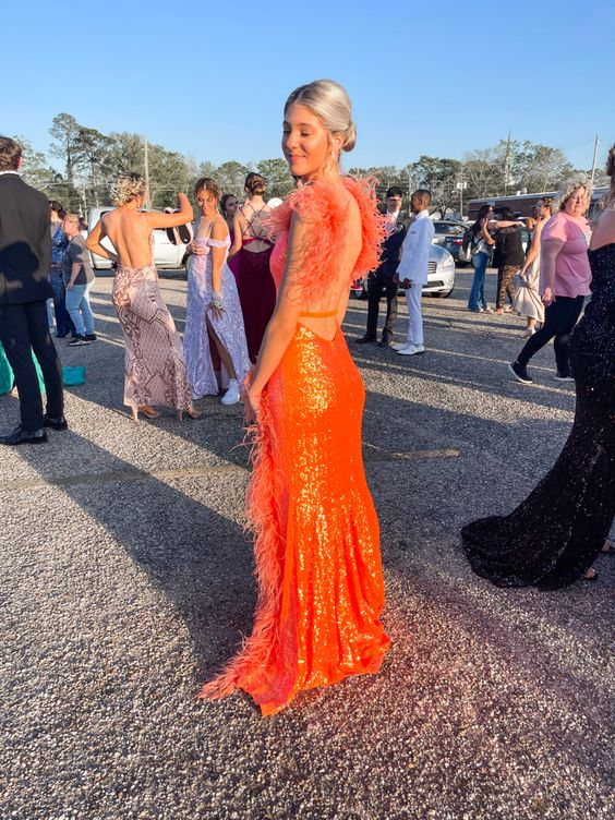 Sexy Orange Sequins Mermaid Prom Dress,Backless Prom Gown - FashionDia