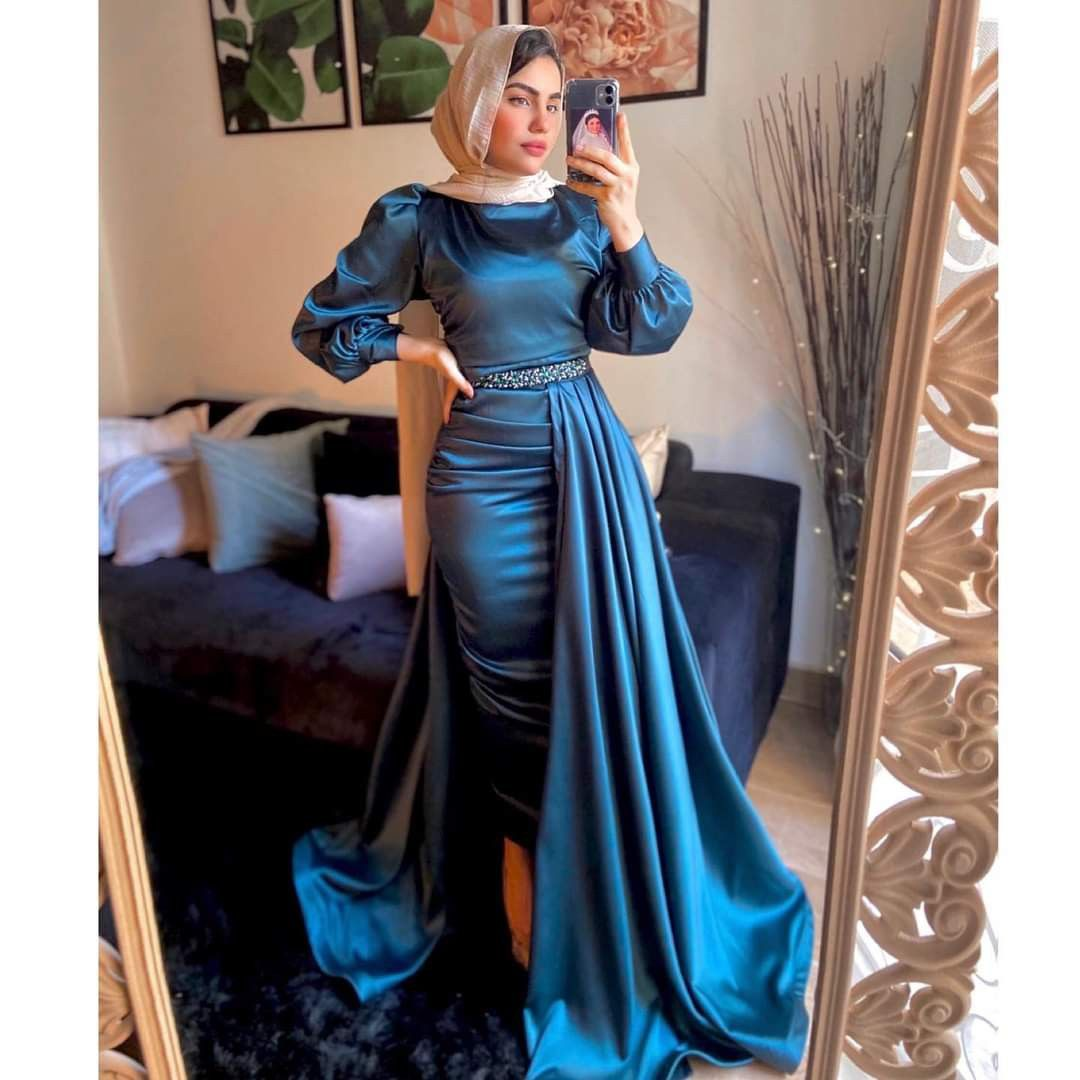 Arabic Evening Dress Muslim High Neck Waist Beaded Long Sleeves Y4937 - VelvetHem