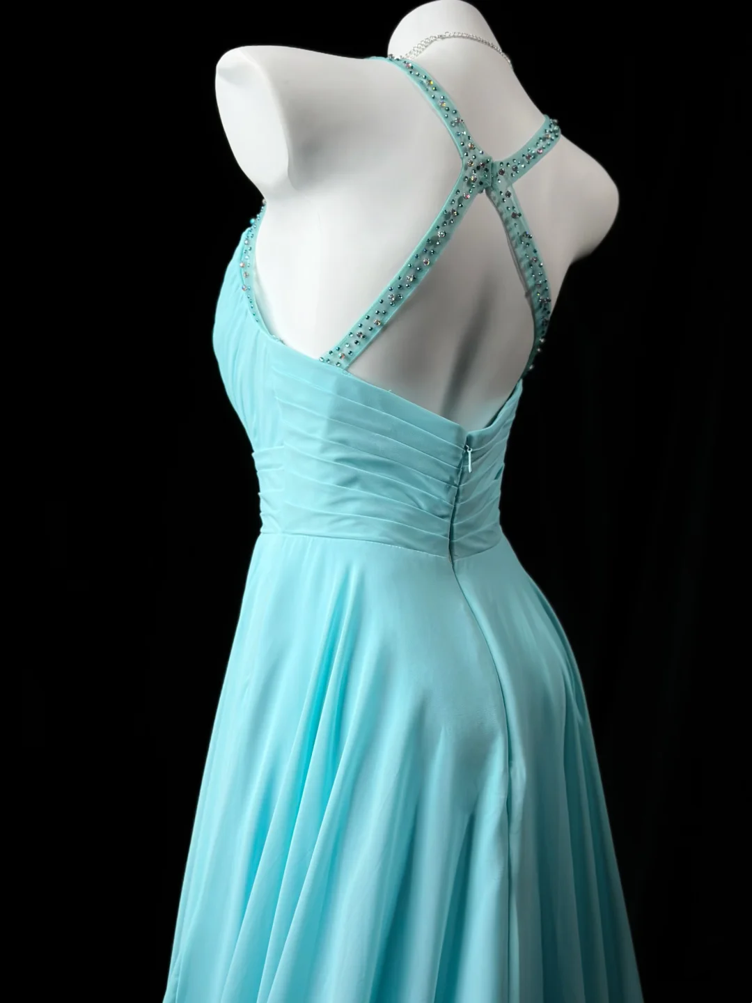V Neck A Line Chiffon Prom Dress Open Back Wedding Guest Dress J10052