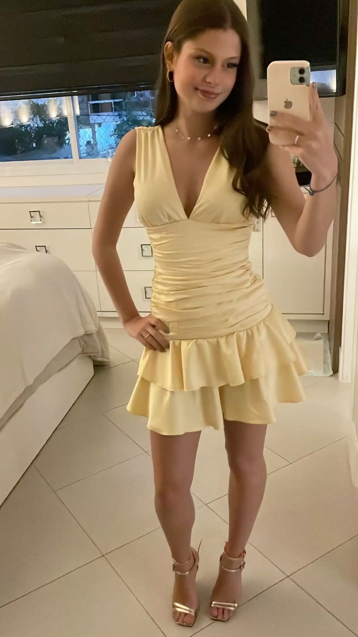 V-Neck A-Line Yellow Satin Homecoming Dress